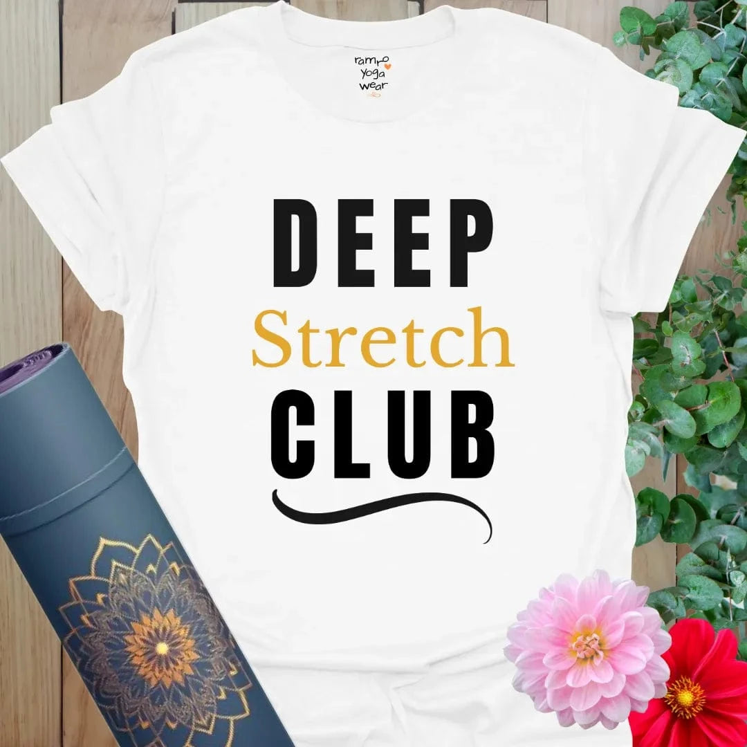 White Deep Stretch Club T-Shirt with black and gold lettering. Modern yoga tee with a playful club vibe and relaxed streetwear feel.