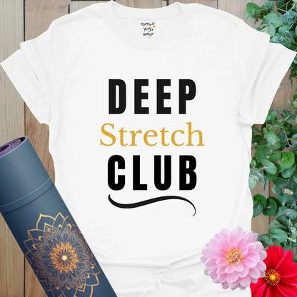 White Deep Stretch Club T-Shirt with black and gold lettering. Modern yoga tee with a playful club vibe and relaxed streetwear feel.