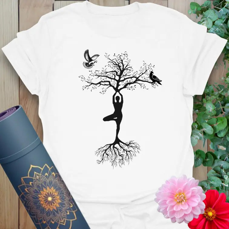 White Dove in Flight T-Shirt with serene nature and yoga-inspired art in minimal style