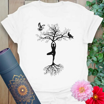 White Dove in Flight T-Shirt with serene nature and yoga-inspired art in minimal style