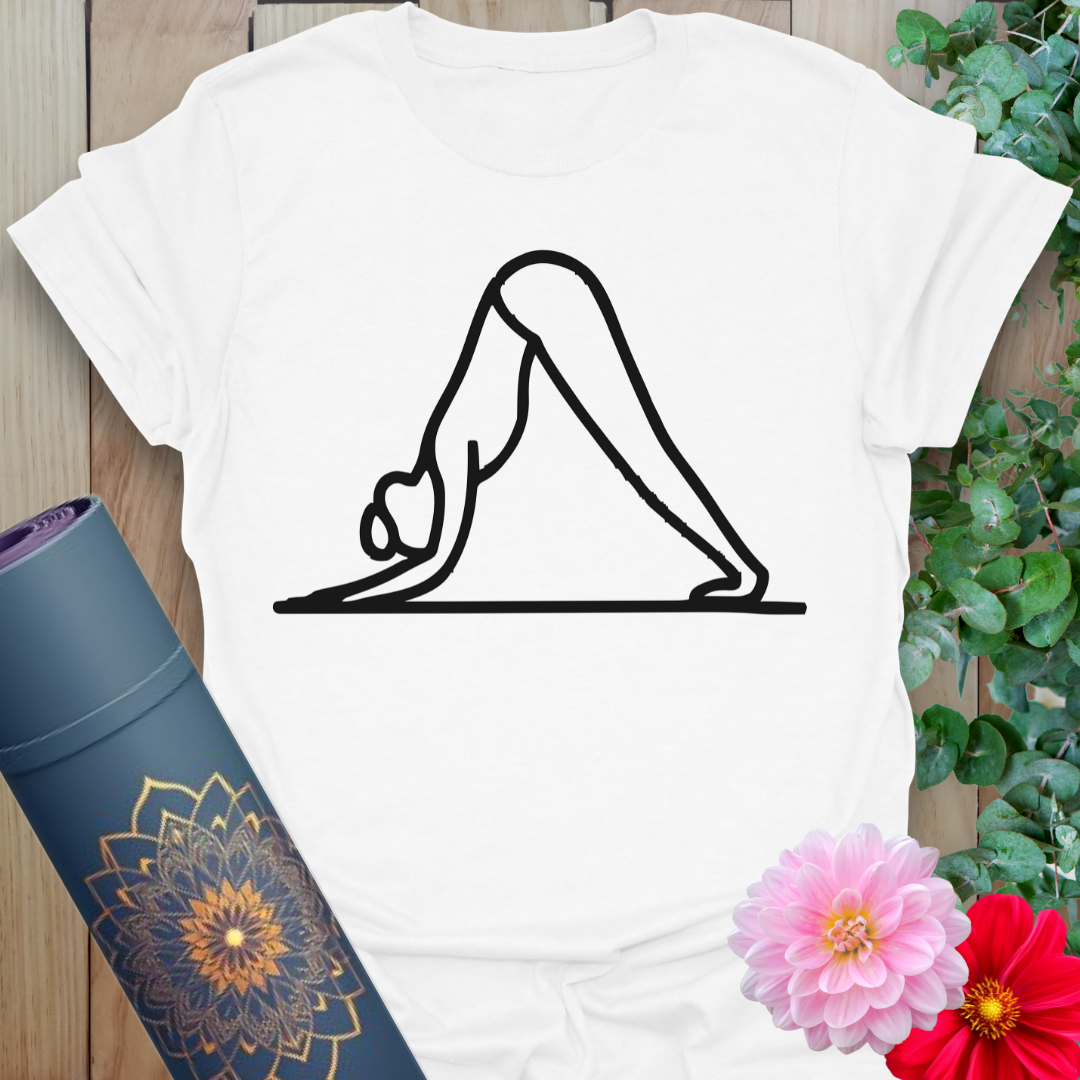 White Downward Dog T-Shirt featuring sleek yoga pose silhouette in clean modern style