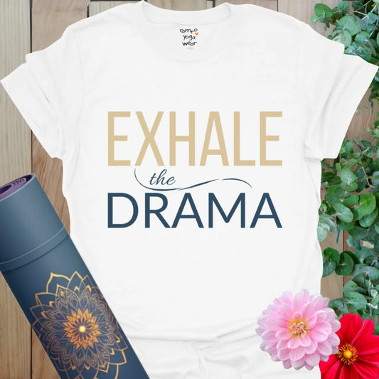 White Drama T-Shirt with navy and beige type for visual clarity. A breathable yoga shirt to help you release what no longer serves.