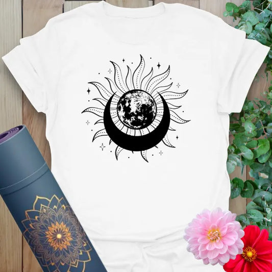 White Eclipse T-Shirt with black sacred moon and sun artwork for balance and flow