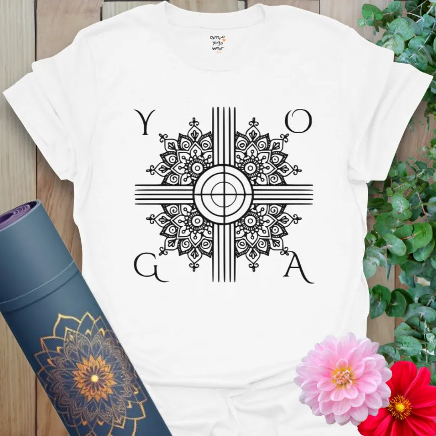 Clean white unisex yoga t-shirt with intricate mandala cross design for spiritual alignment and mindful living.