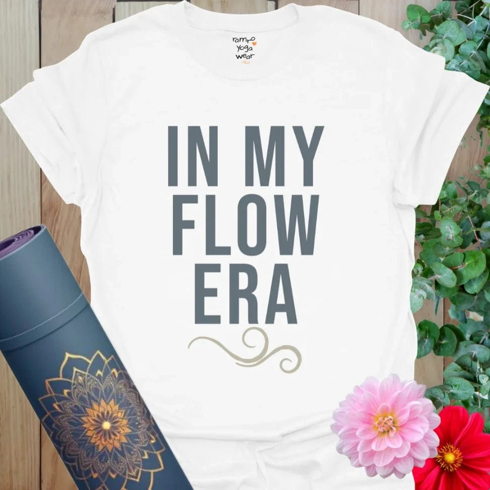 White Era T-Shirt with blue stacked lettering and soft visual balance. A clean and confident everyday yoga shirt.