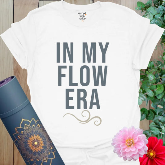White Era T-Shirt with blue stacked lettering and soft visual balance. A clean and confident everyday yoga shirt.
