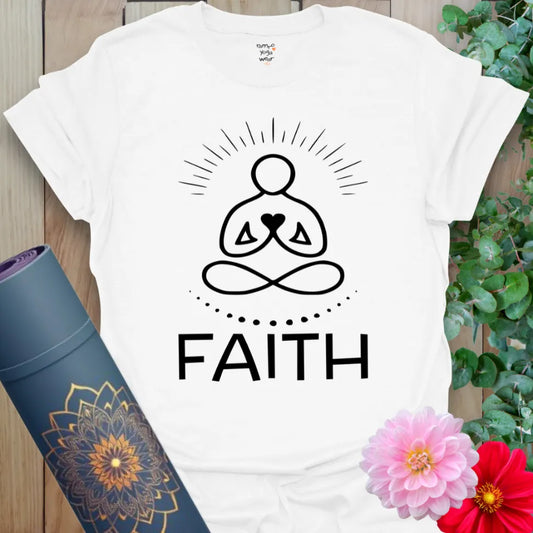 Clean white unisex yoga t-shirt featuring soulful meditation figure and bold "Faith" lettering for conscious, heart-led living.