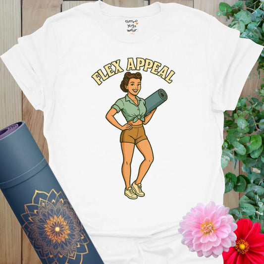 Crisp white cotton yoga tee with confident pinup yogi holding mat and bold “Flex Appeal” retro design.