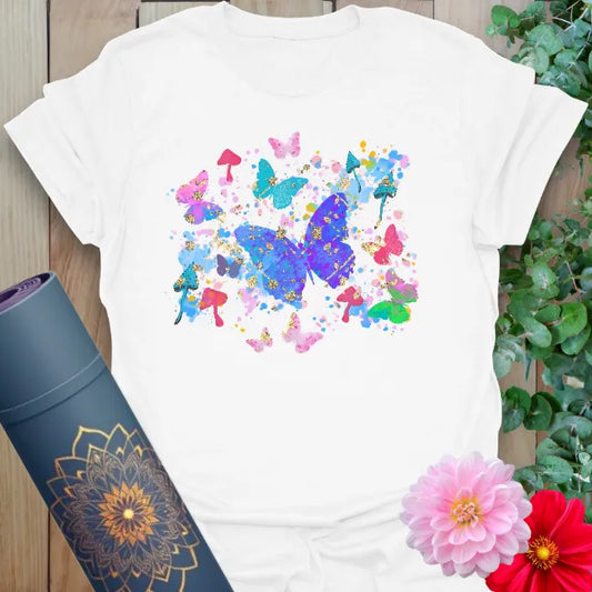 Clean white unisex yoga t-shirt showcasing colorful butterfly collage for soulful transformation and mindful celebration of life.