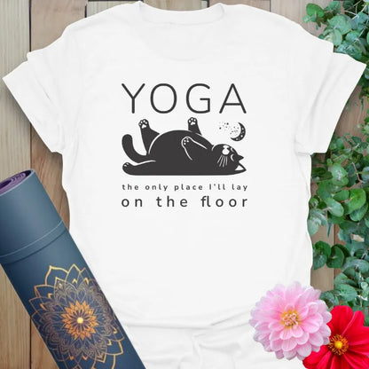 Clean white unisex yoga t-shirt showcasing humorous cat and yoga floor quote perfect for mindful, playful yogis.