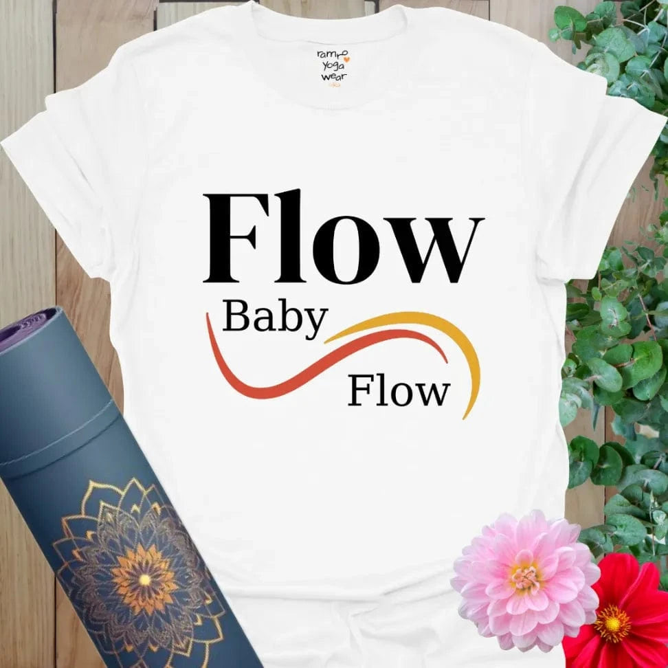 White Flow Baby Flow T-Shirt with warm accent text and streetwear vibe. Soft cotton tee designed for yoga, wellness, and daily flow.