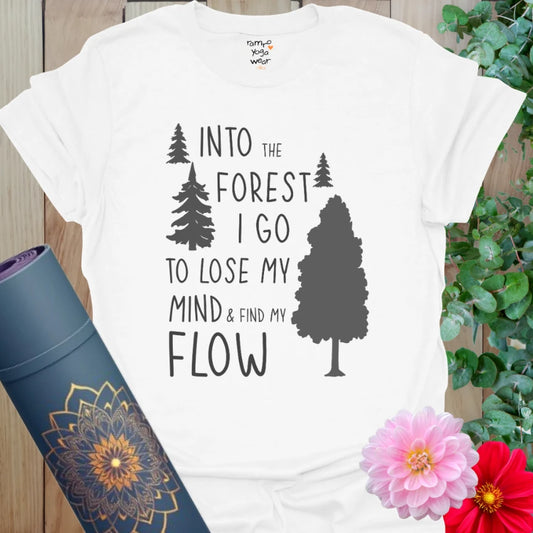 White Forest T-Shirt with natural scenery and flow quote. Clean and calm design for nature-inspired living.