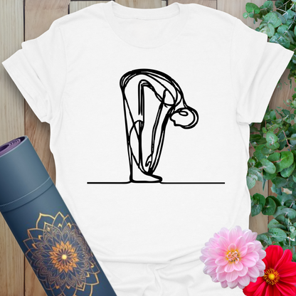 Clean white unisex yoga t-shirt showcasing elegant forward bend illustration perfect for yogis and mindful movers.