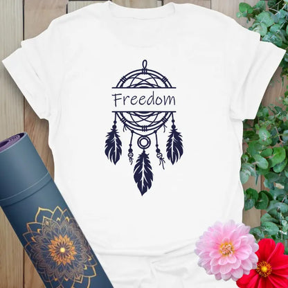Clean white unisex yoga t-shirt showcasing hand-drawn dreamcatcher and feathers for soulful liberation and mindful connection.