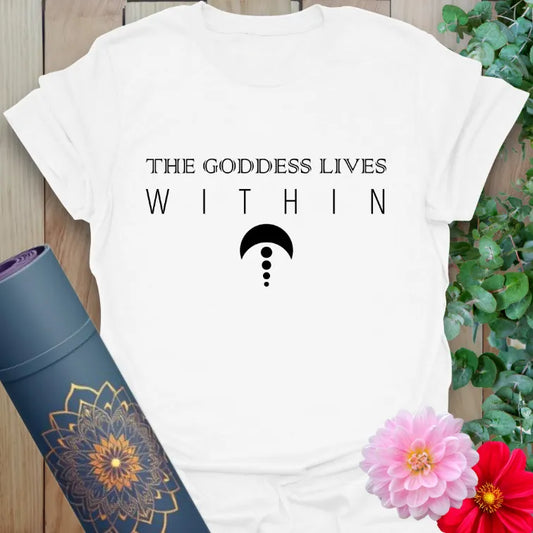 Clean white unisex yoga t-shirt showcasing empowering goddess message and minimalist sacred design for conscious, radiant living.