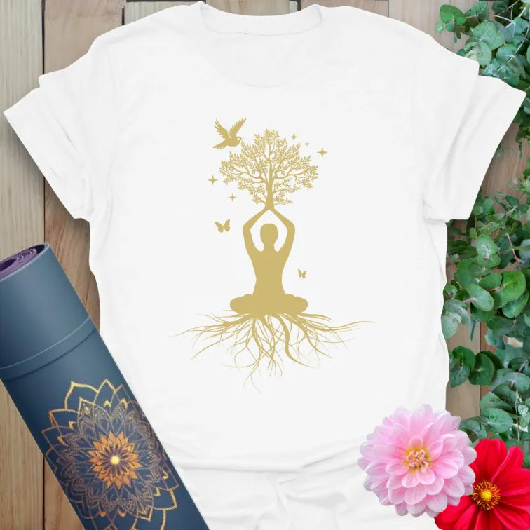 Clean white unisex yoga t-shirt with yogi tree of life design for grounded conscious living and soulful self-expression.