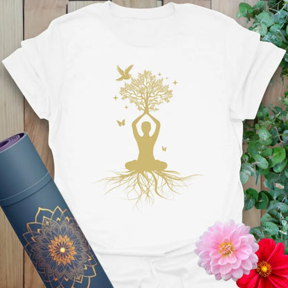 Clean white unisex yoga t-shirt with yogi tree of life design for grounded conscious living and soulful self-expression.