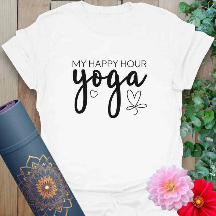 Clean white unisex yoga t-shirt showcasing "My Happy Hour: Yoga" message for conscious, joyful living.