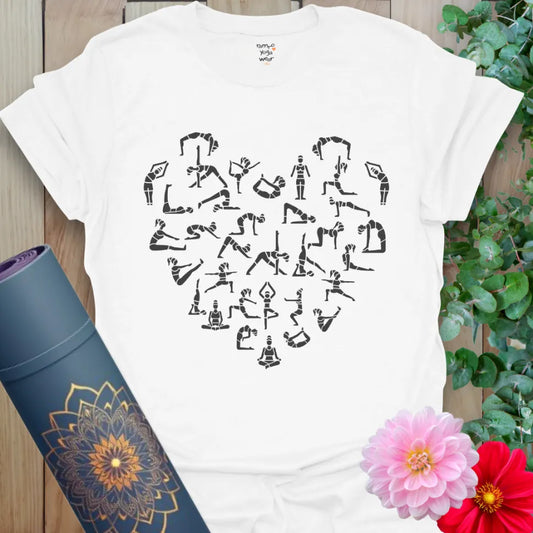 Clean white unisex yoga t-shirt featuring flowing yoga pose heart design perfect for mindful, soulful journeys.