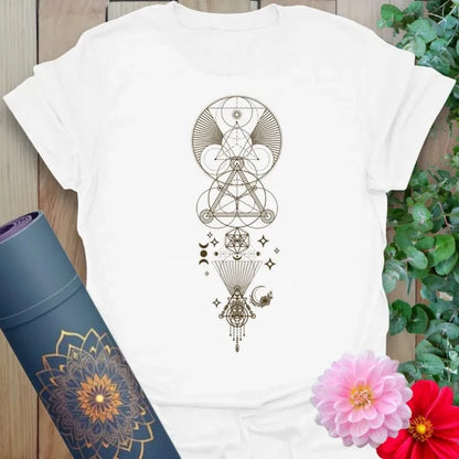 Clean white unisex yoga t-shirt featuring sacred cosmic design symbolizing mindful expansion and spiritual awareness.