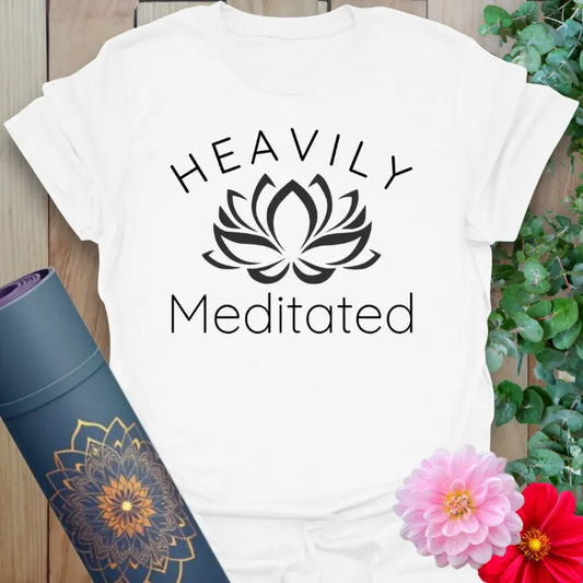 Clean white unisex yoga t-shirt featuring playful meditation-inspired quote and lotus artwork for mindful living.