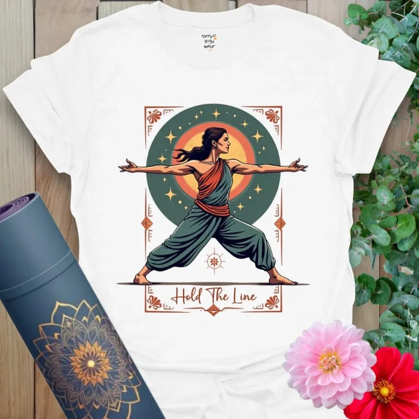 Clean white unisex yoga t-shirt showcasing bold Warrior II yoga artwork inspiring conscious strength and soulful living.