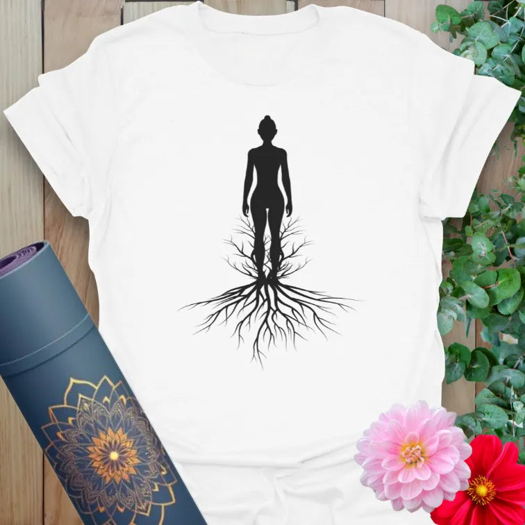 Clean white unisex yoga t-shirt featuring minimalist rooted human design for spiritual connection and mindful growth.