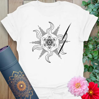 Clean white unisex yoga t-shirt featuring dynamic sacred geometry and lightning design for spiritual movement and mindful living.