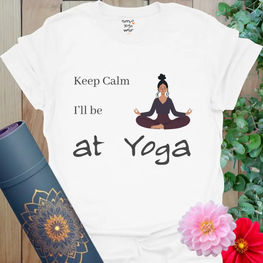 White Keep Calm T-Shirt with minimalist meditating yogi illustration and calm yoga humor text.