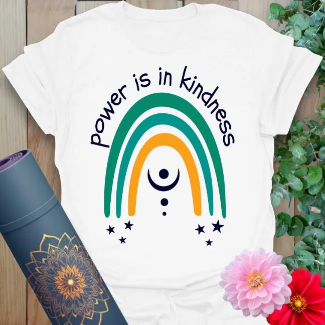 Clean white unisex yoga t-shirt showcasing colorful rainbow artwork and mindful kindness message for light workers and yogis.