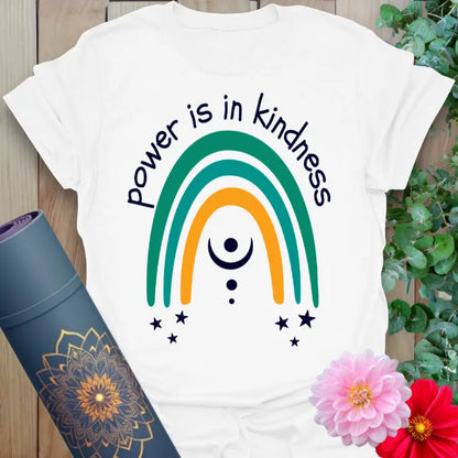 Clean white unisex yoga t-shirt showcasing colorful rainbow artwork and mindful kindness message for light workers and yogis.