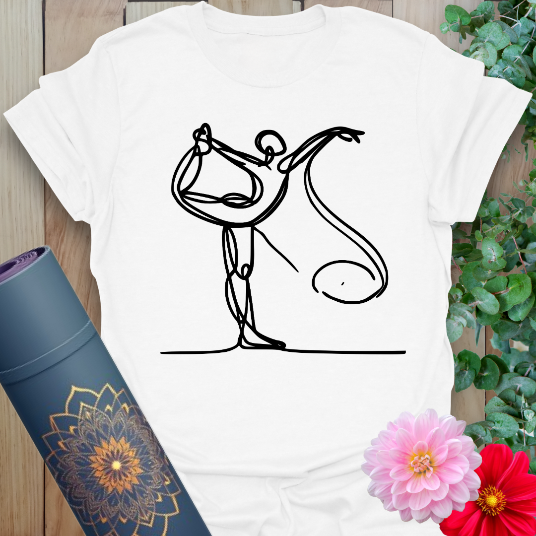 Clean white unisex yoga t-shirt featuring elegant King Dancer Pose continuous line artwork for yoga lovers and conscious movers.