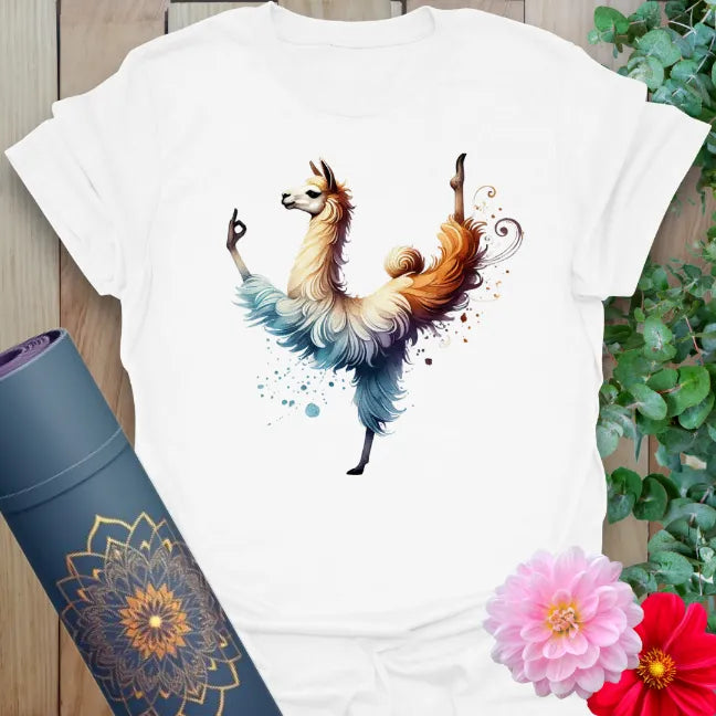 Clean white unisex yoga t-shirt showcasing playful yoga llama artwork perfect for soulful movement and laughter.