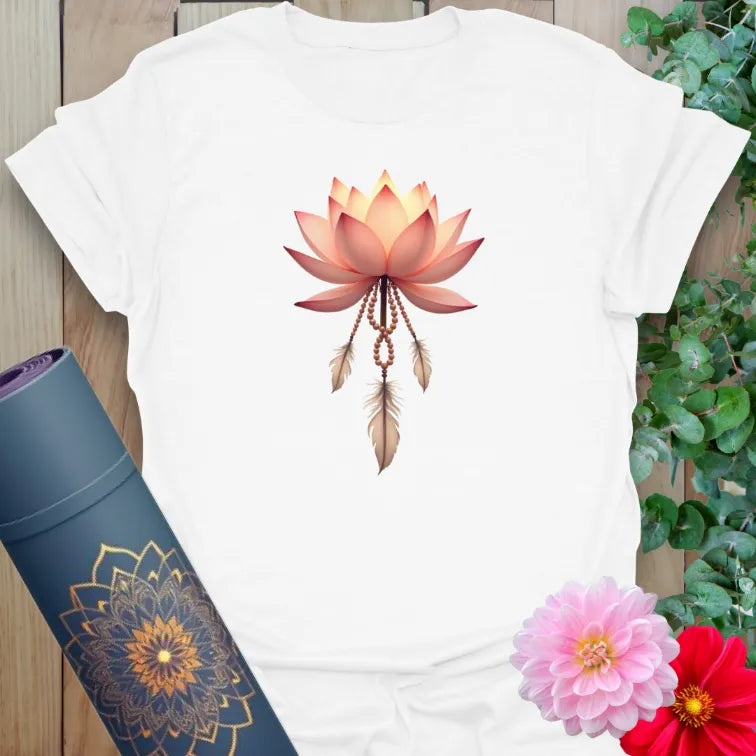 Clean white unisex yoga t-shirt showcasing radiant lotus and feather charms for spiritual growth and mindful practice.