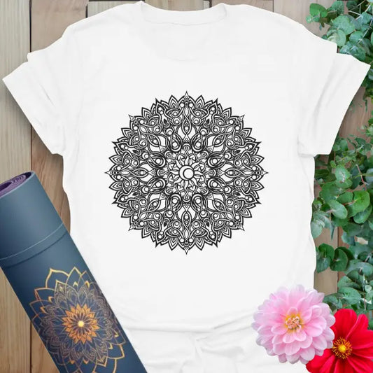 Clean white unisex yoga t-shirt featuring intricate mandala design for meditative practice and mindful, soulful living.