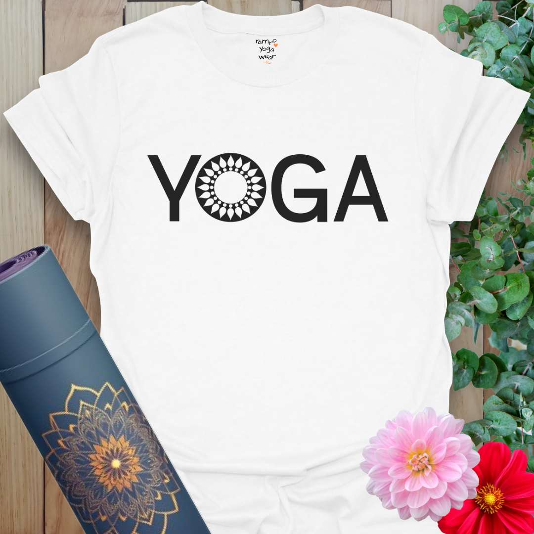 Clean white unisex yoga t-shirt featuring sacred “YOGA” wordmark with mandala graphic for a minimalist practice look.