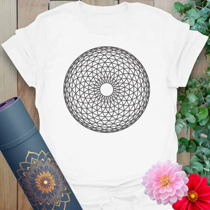Clean white unisex yoga t-shirt featuring sacred manifestation geometry for mindful living and cosmic connection.