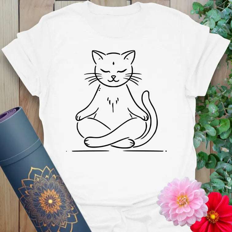 Clean white unisex yoga t-shirt featuring adorable meditation cat inspiring mindful, joyful everyday living.