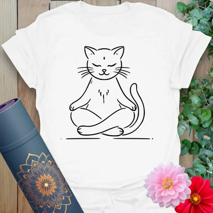 Clean white unisex yoga t-shirt featuring adorable meditation cat inspiring mindful, joyful everyday living.