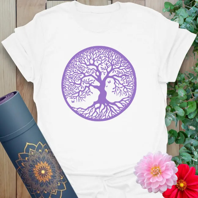 Clean white unisex yoga t-shirt featuring detailed Tree of Life artwork celebrating personal and spiritual metamorphosis.