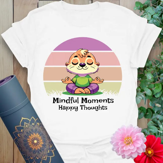 Clean white unisex yoga t-shirt featuring colorful meditating animal and "Mindful Moments, Happy Thoughts" design for heart-centered joy.