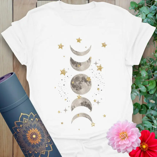 Clean white unisex yoga t-shirt featuring sacred moon phases and star-filled artwork for conscious, soulful living.