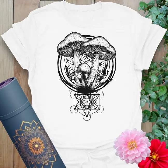 Clean white unisex yoga t-shirt featuring intricate mushroom and sacred geometry artwork for earth-connected mindful living.
