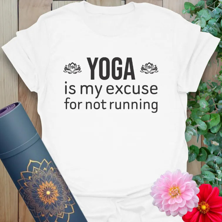 Clean white unisex yoga t-shirt featuring lighthearted yoga quote for soulful, happy, conscious movers.