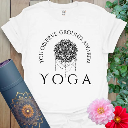 Clean white unisex yoga t-shirt featuring mindful yoga journey affirmation inspiring conscious, soulful living and personal transformation.