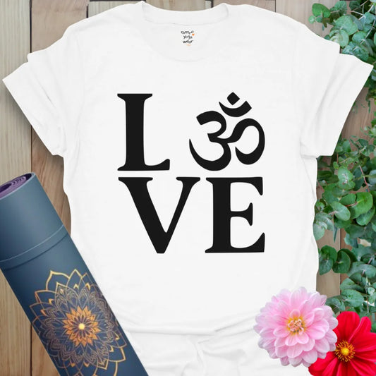 Clean white unisex yoga t-shirt featuring iconic Om and LOVE design inspiring heart-centered mindfulness and spiritual living.