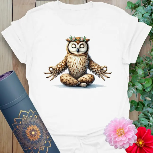 Clean white unisex yoga t-shirt featuring meditative owl with flower crown design for spiritual seekers and soulful dreamers.