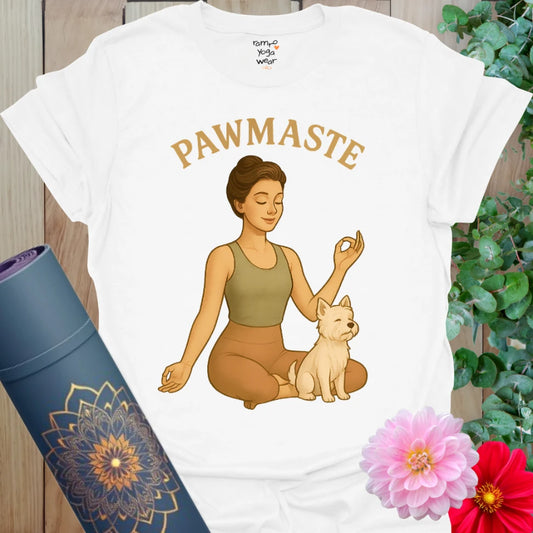 White cotton yoga tee featuring a meditating yogi with her dog and “Pawmaste” message in a retro pinup style.