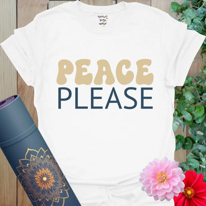 White Peace Please T-Shirt with clean script and bold retro charm. Yoga graphic tee for breathers, movers, and peacemakers.