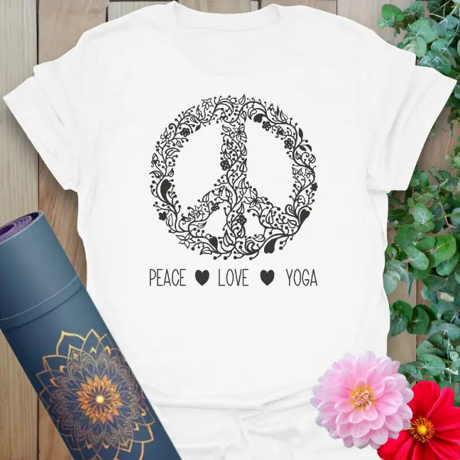 Clean white unisex yoga t-shirt featuring detailed peace sign design inspiring positivity, mindfulness, and soulful community connection.